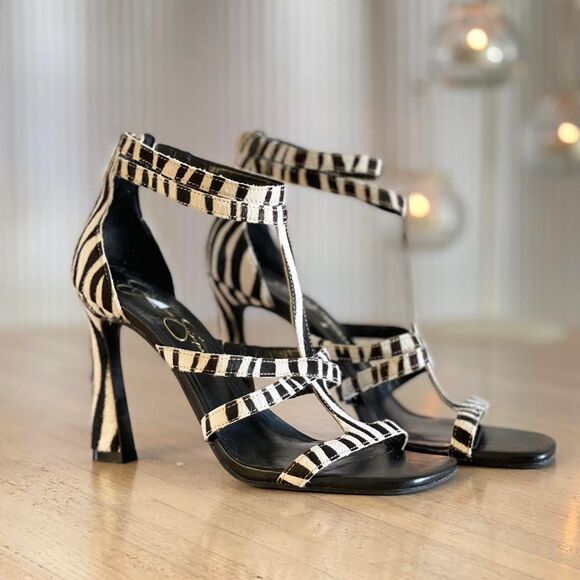 Jessica‎ Simpson Zebra Pony Hair Gladiator Heels Strappy Sandals Stilettos Sz 7M - Picture 1 of 8